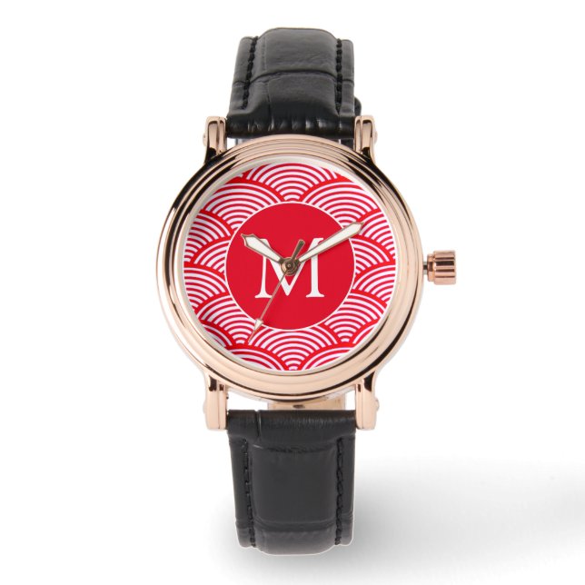 Red and White Scallop Pattern Monogram Watch (Front)