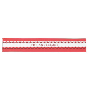 Red and White Scalloped Stripe with Custom Name Long Table Runner