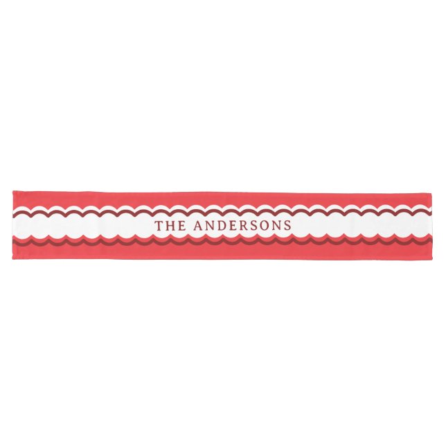 Red and White Scalloped Stripe with Custom Name Long Table Runner (Horizontal)