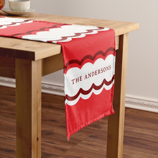 Red and White Scalloped Stripe with Custom Name Long Table Runner (In Situ)