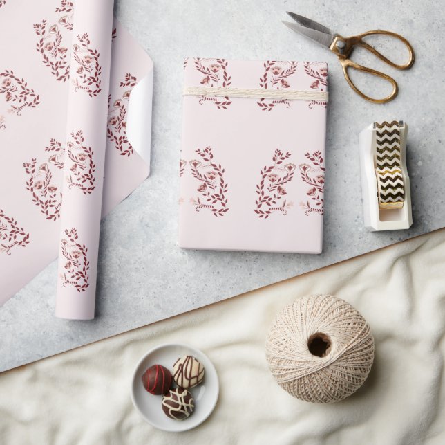 Red and White Scandinavian Floral  Wrapping Paper (Crafts)