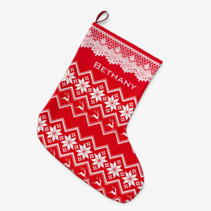 Red And White Scandinavian Snowflakes And Reindeer Large Christmas Stocking