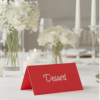 Red and White Script Dessert Buffet Table Card