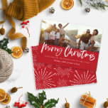 Red and white script merry Christmas multi photo H Holiday Card<br><div class="desc">Red and white script merry christmas multi photo modern star burst design.</div>