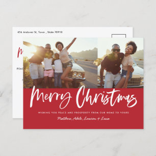 Red and white script merry Christmas multi photo H Holiday Postcard