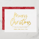 Red and white script merry Christmas non photo Foil Holiday Card<br><div class="desc">Red and white script merry christmas non photo modern star burst design.</div>