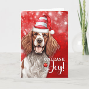 Red and White Setter Dog Unleash the Joy Christmas Holiday Card