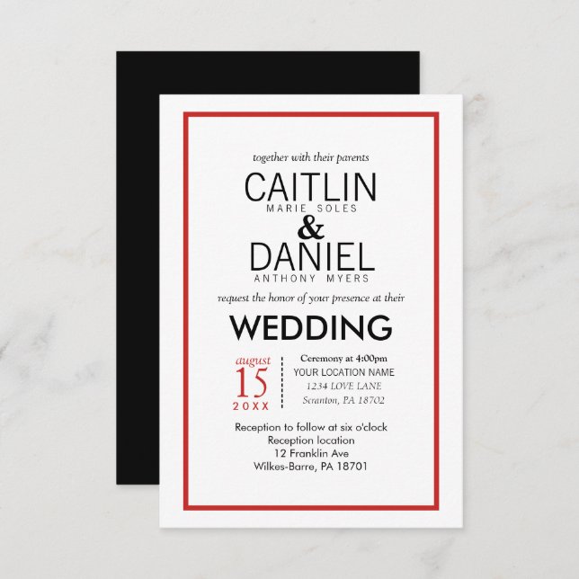 Red and White Simple Border Wedding Invite (Front/Back)