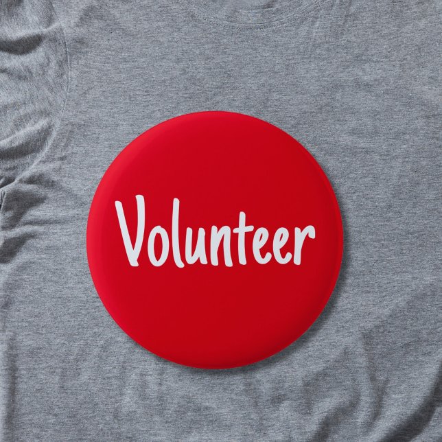 Red and White Simple Volunteer 2 Inch Round Button (Red volunteer pin button badge with white letters.)
