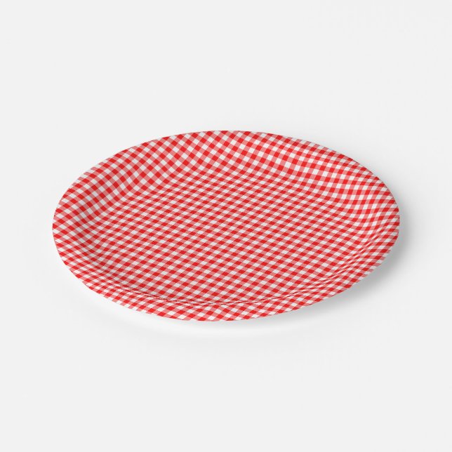 Red and White Small Size Gingham Checks Paper Plate (Angled)
