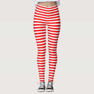 Red and White Small Size Horizontal Stripes Leggings
