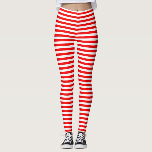 Red and White Small Size Horizontal Stripes Leggings (Front)