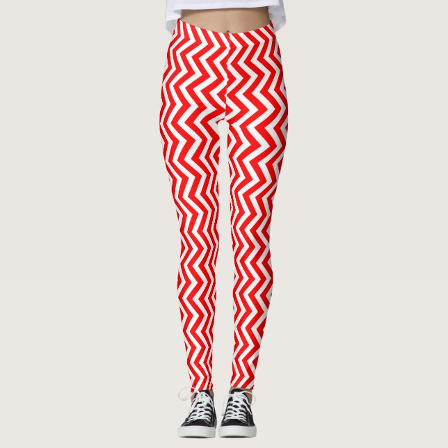 Red and White Small Size Vertical Chevron Leggings (Front)