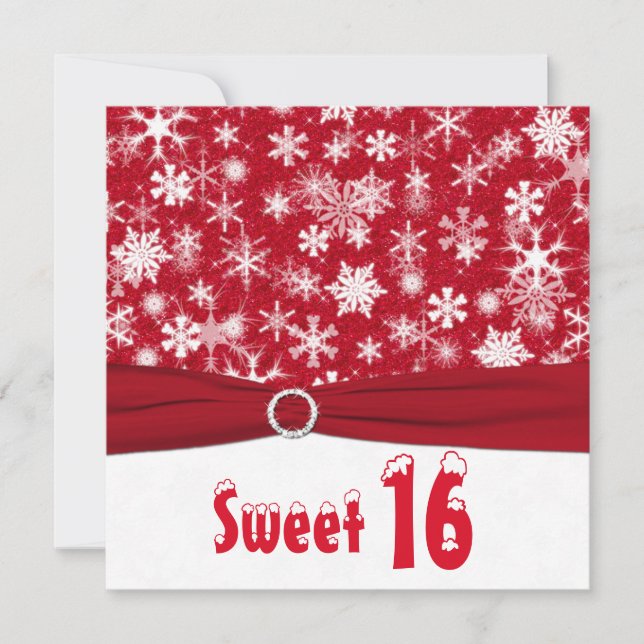 Red and White Snowflake 16th Birthday Invitation (Front)