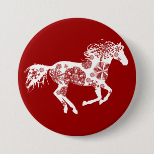 Red and White Snowflake Christmas Horse 3 Inch Round Button