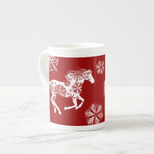 Red and White Snowflake Christmas Horse Bone China Mug