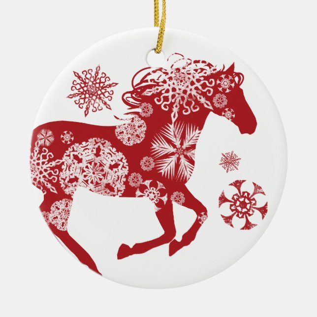Red and White Snowflake Christmas Horse Ceramic Ornament (Front)