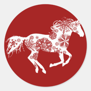 Red and White Snowflake Christmas Horse Classic Round Sticker