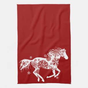 Red and White Snowflake Christmas Horse Kitchen Towel