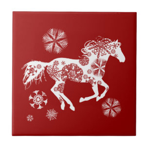 Red and White Snowflake Christmas Horse Tile