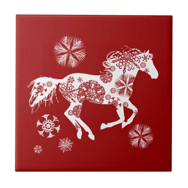 Red and White Snowflake Christmas Horse Tile (Front)