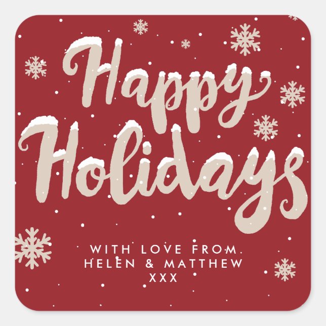 Red and white snowflake Happy Holidays sticker (Front)