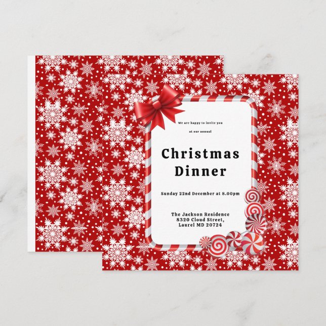Red and white snowflake pattern Christmas Dinner Invitation (Front/Back)