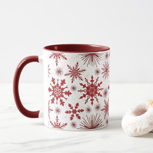Red And White Snowflake Pattern Christmas Mug (With Donut)