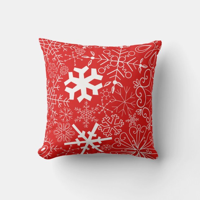 Red and White Snowflake Pattern Christmas Throw Pillow (Front)