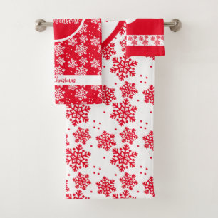 Red and White Snowflake Pattern Monogram Christmas Bath Towel Set