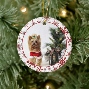 Red And White Snowflake Pattern Photo Ceramic Orna Ornament