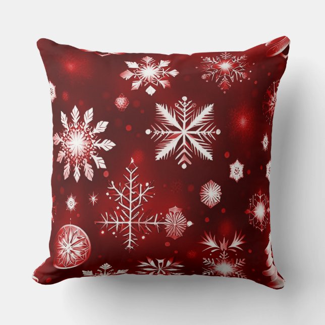 Red And White Snowflake Pattern Throw Pillow (Front)