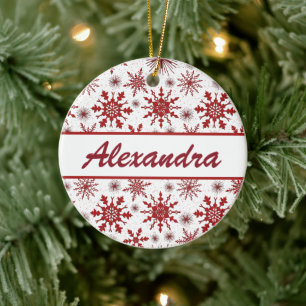 Red And White Snowflake Pattern With Name Ceramic Ornament