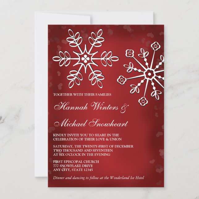 Red and White Snowflake Wedding Invitations (Front)