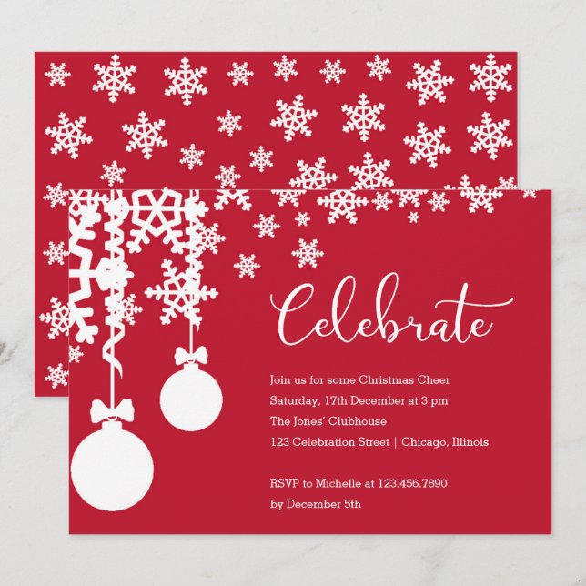 Red and White Snowflakes and Christmas Ornaments Invitation (Front/Back)