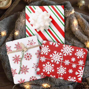 Red And White Snowflakes And Holiday Striped Wrapping Paper Sheet