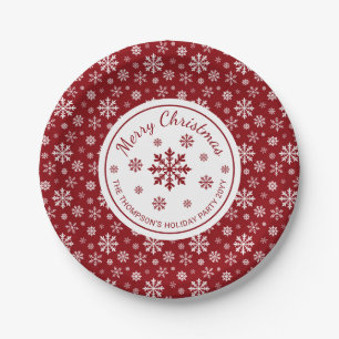 Red And White Snowflakes Custom Christmas Party Paper Plate