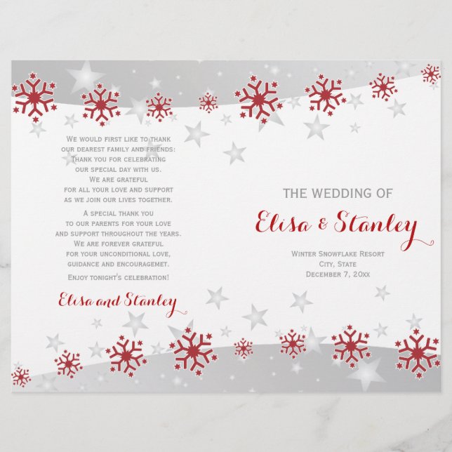 Red and white snowflakes folded wedding program (Front)