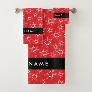 Red and White Snowflakes, Your name, Personalize Bath Towel Set
