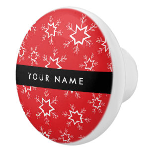 Red and White Snowflakes, Your name, Personalize Ceramic Knob
