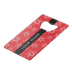 Red and White Snowflakes, Your name, Personalize Credit Card Bottle Opener