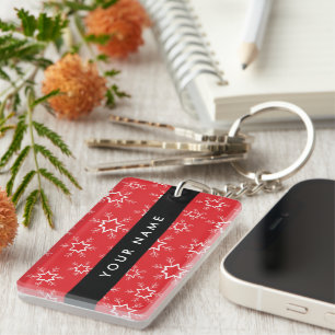 Red and White Snowflakes, Your name, Personalize Keychain