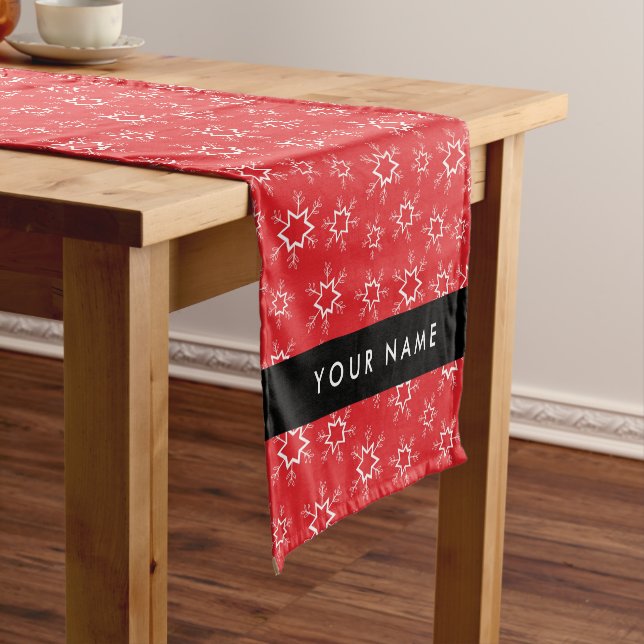 Red and White Snowflakes, Your name, Personalize Short Table Runner (In Situ)
