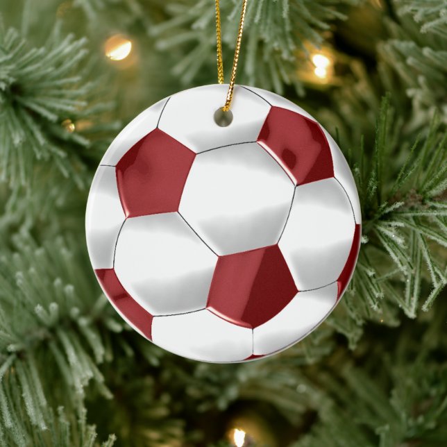 Red and White Soccer Ball Ceramic Ornament (Tree)