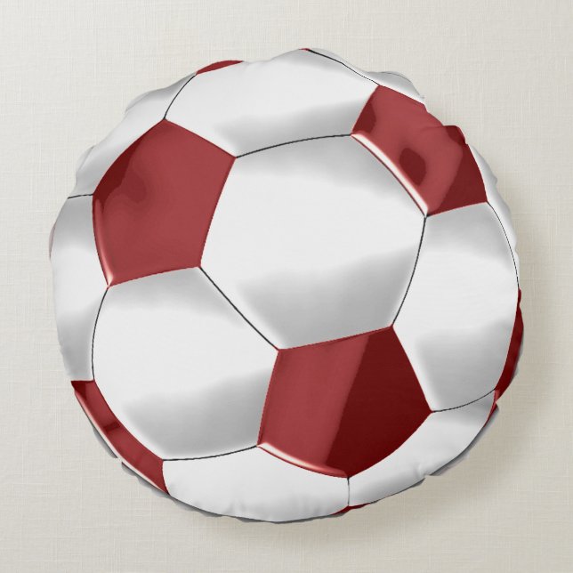 Red and White Soccer Ball Round Pillow (Back)