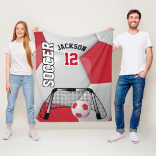 Red and White Soccer Ball with DIY Text Fleece Blanket