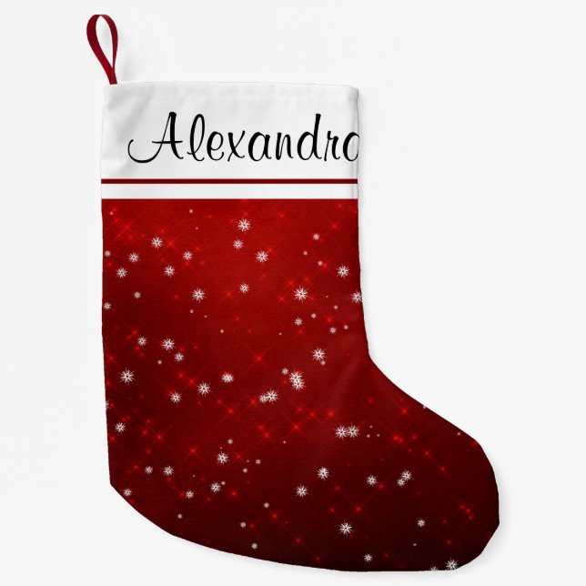 Red and White Sparkle Snowflake Christmas Monogram Small Christmas Stocking (Front)