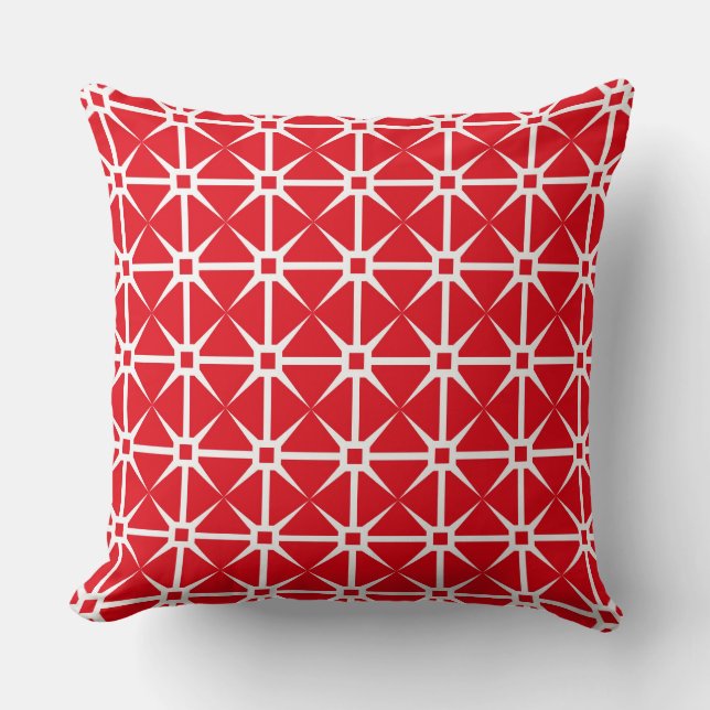 Red and White Square and Star Pattern Throw Pillow (Front)
