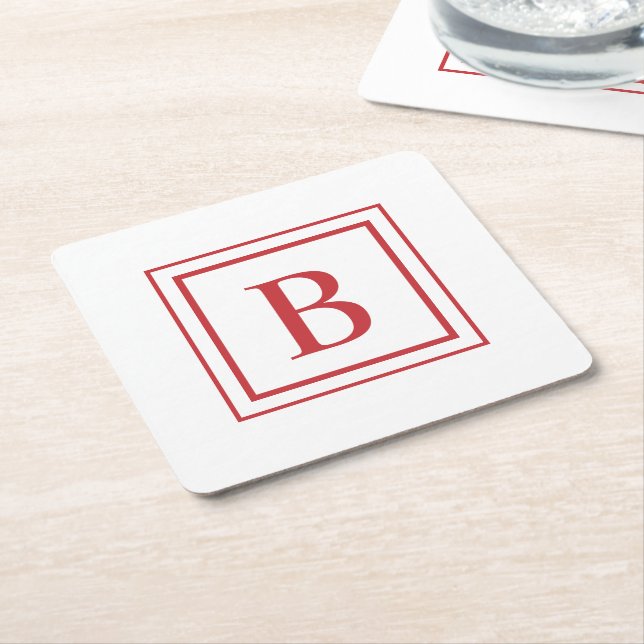 Red And White Square Border Monogram  Paper Coaster (Angled)