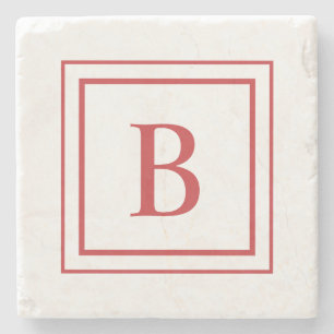 Red And White Square Border Monogram  Stone Coaster